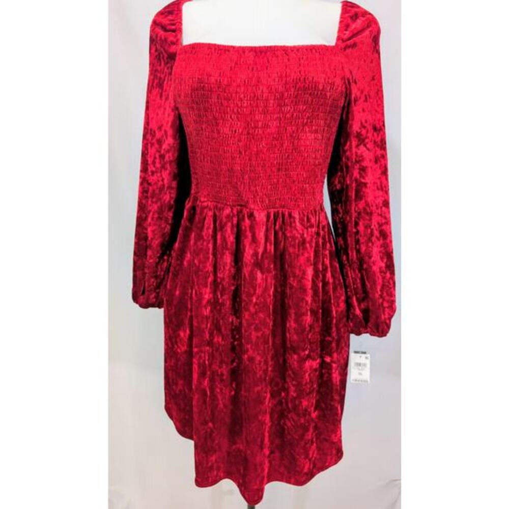 NWT Bar III Fire Red Crushed Velvet Smocked Dress Size XL